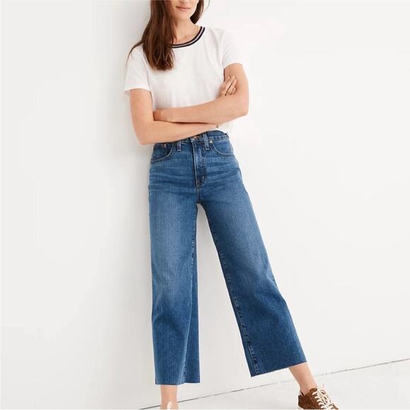 MADEWELL Slim Wide Leg Crop Jeans Raw Hem AA584 Size 25 Blue Casual 70s 90s Boho - Picture 1 of 15